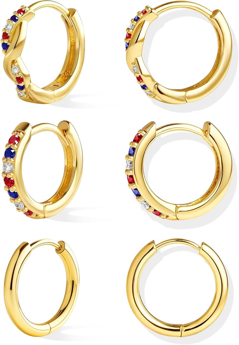 Inerney 14K Gold Plated Huggie Hoop Earrings for Women, Small Sterling Silver Earring Set Hypoallergenic Cartilage Helix Stacks, Mini Dainty Cute Trendy Birthstone Jewelry Gift for Multiple Piercings - Image 1